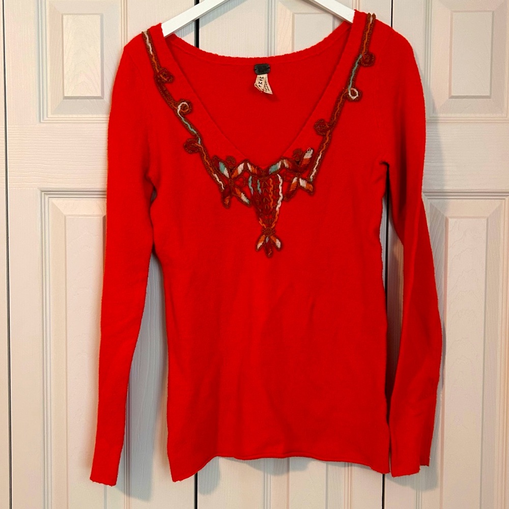 We the Free by Free People Orange V Neck Sweater Embroidered Cotton Sz Small